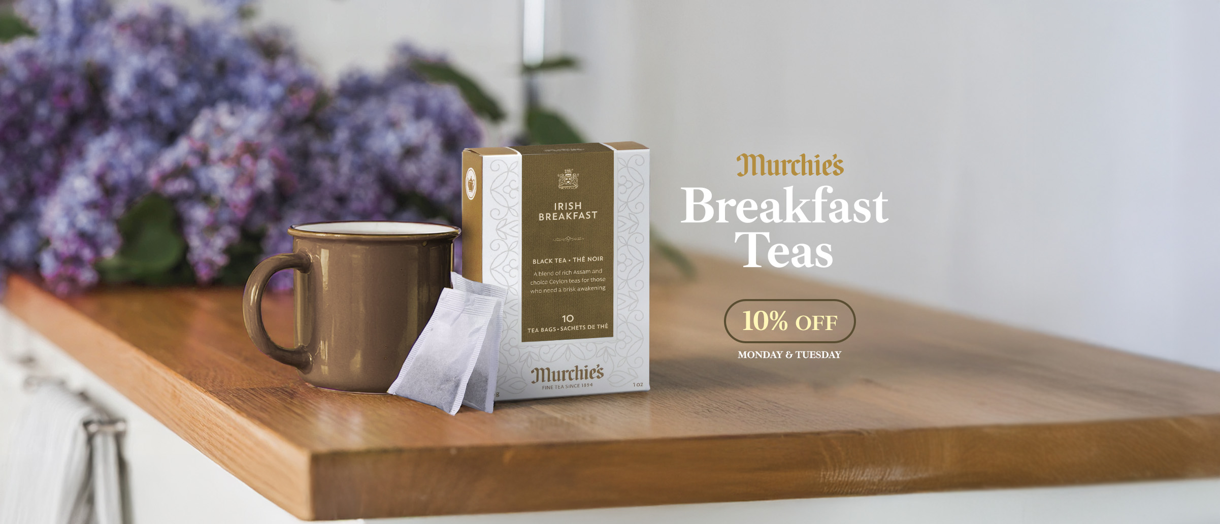 Murchie's Irish Breakfast black tea in a kitchen.