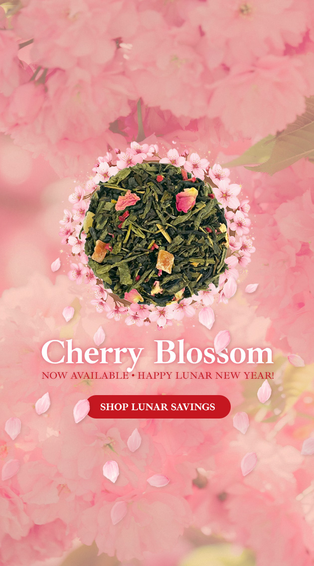 Murchie's Cherry Blossom loose tea with a promotional offer for Lunar New Year (portrait version).