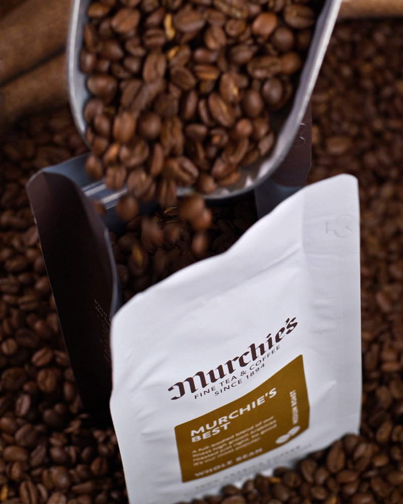 Murchie's coffee beans being poured and packaged