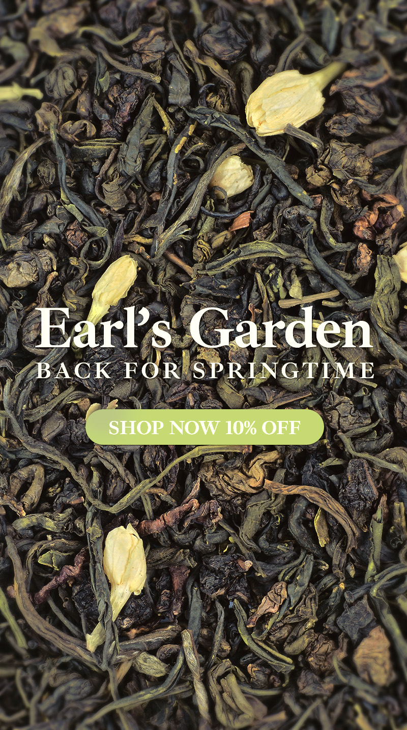 Promotional image featuring Earl's Garden, Murchie's unique green tea Earl Grey blend, portrait view.