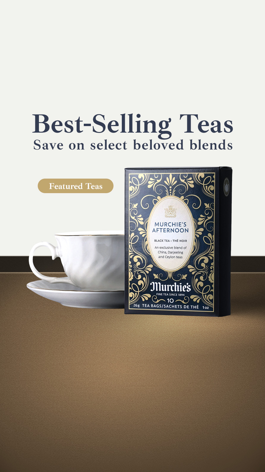 Murchie's Afternoon tea, a beloved traditional black tea blend for easy sipping, portrait view.