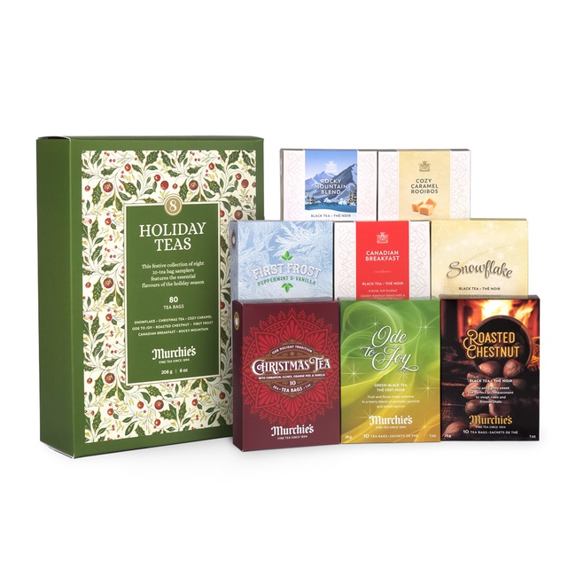 Collection of tea bag boxes themed for the holidays